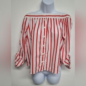 Iris M Elastic Off Shoulder Partial Button Down Top Adjustable Sleeve Striped